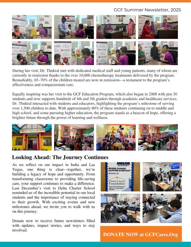 Newsletter page featuring images and text about GCF's programs and impact on at-risk women and children.