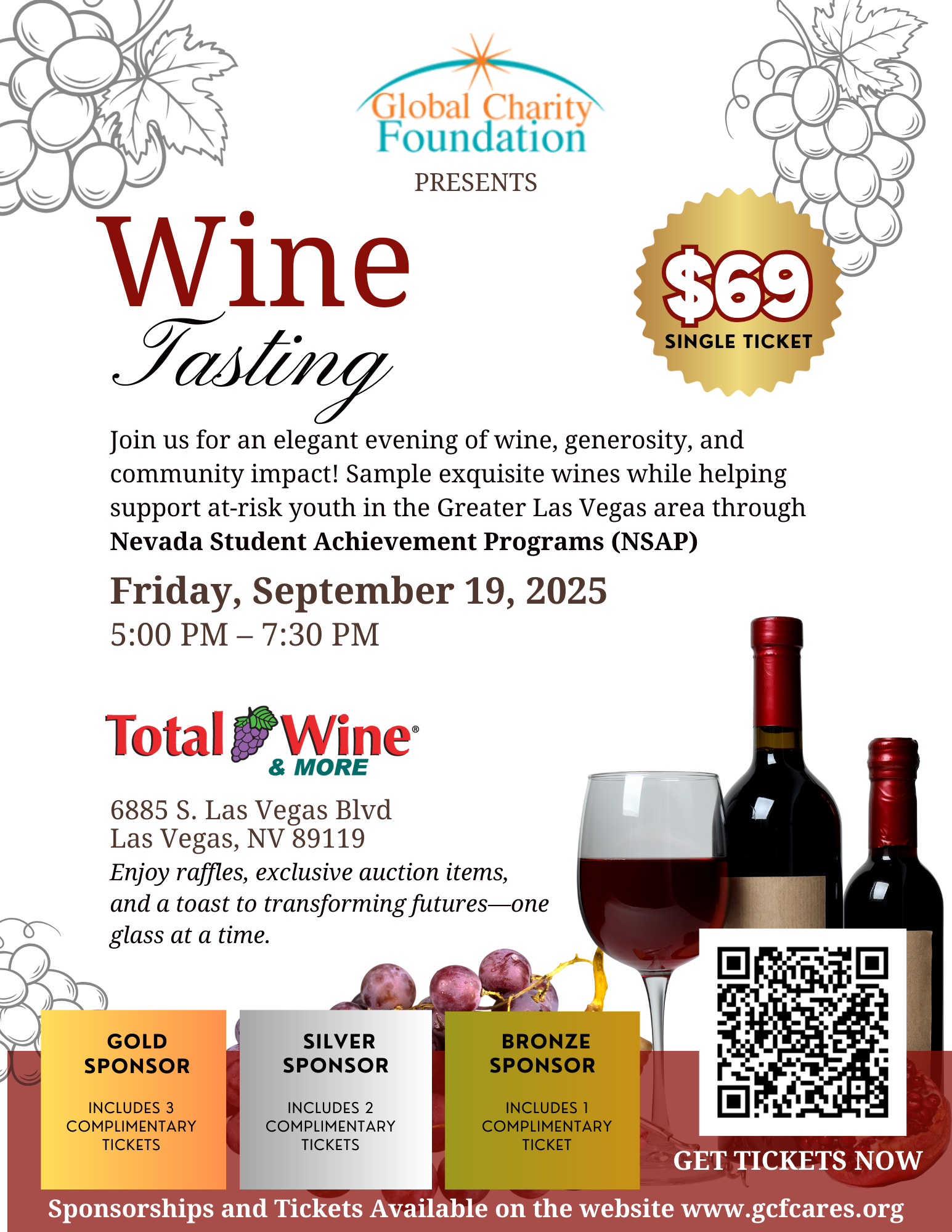 Flyer for a wine tasting event hosted by Global Charity Foundation featuring details about the event and sponsors.