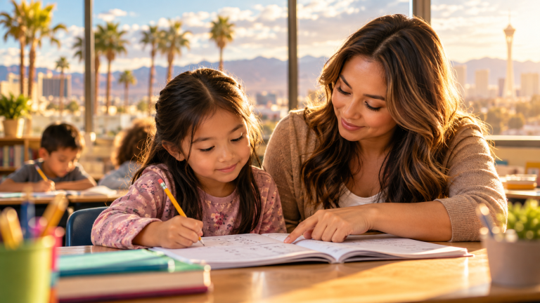 Young elementary student working on a math workbook with a supportive adult mentor in a bright Las Vegas classroom filled with warm afternoon sunlight.