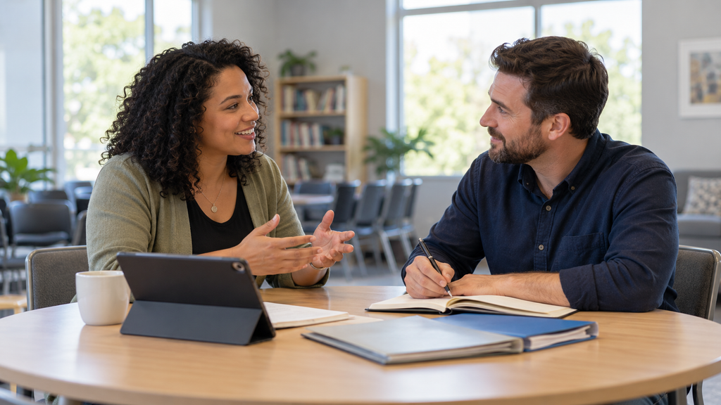 A donor asking a nonprofit representative questions about programs and spending in a meeting room